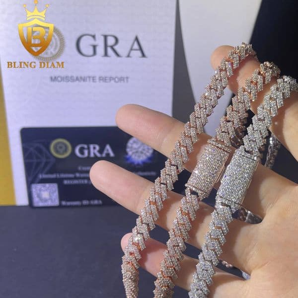 8mm Hip Hop Jewelry 2 Rows Moissanite Iced Out Miami Rose Gold Cuban Link Chain 925 Sterling Silver Necklace for Men