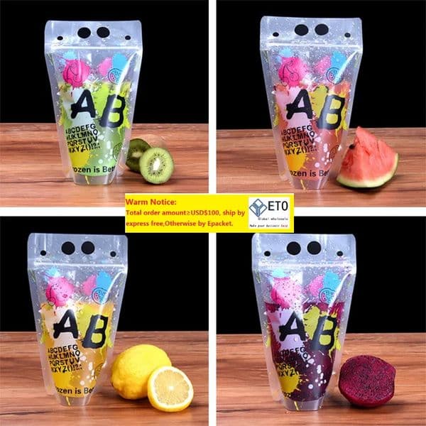 Wholesale 500ml New Design Plastic Drink Packaging Bag Pouch For Beverage Juice Milk Coffee, With Handle And Holes For Straw 52LL