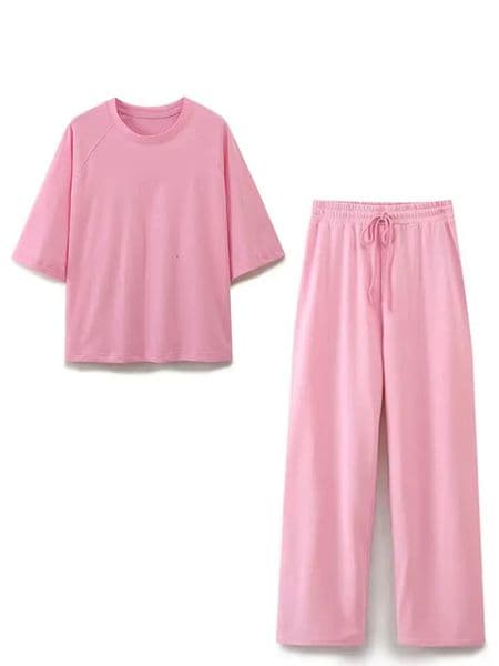 HH Summer Women Casual T Shirt Pant Sets Elegant Pink O Neck Short Sleeve T-Shirt Drawstring Loose Trousers Sport Suit 251212