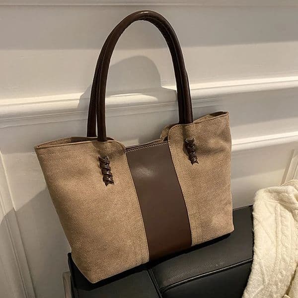 Korean Fashion Leisure Commuting Handbag Suede Surface For Womens Vintage Color Collision Splicing Tote Bag 251218