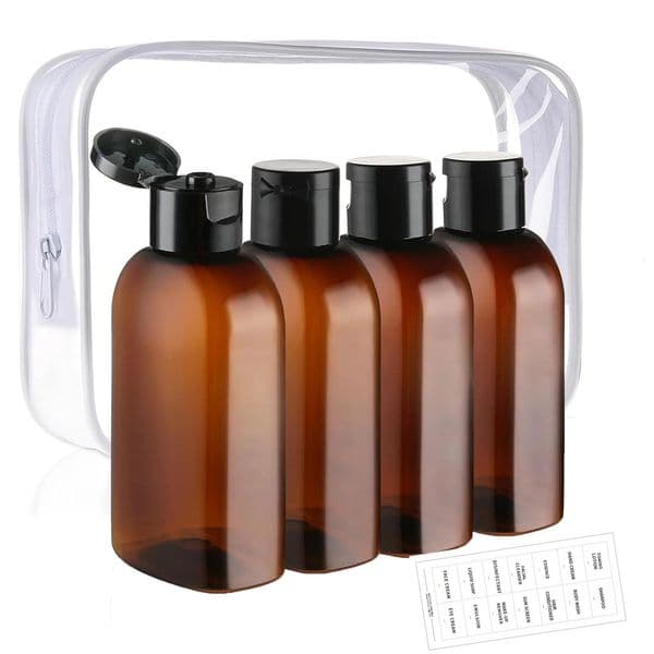 2026 Wholesale 4Pcs 100Ml Travel Bottles With Label Storage Bag Brown Transparent Plastic Bottle Empty Shampoo Dispenser Multi Use Container