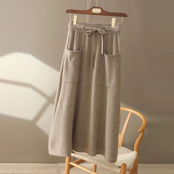 Autumn And Winter100 Pure Wool Skirt Womens Long Pocket Small A Skirt High Waist Slim Cashmere Knit A-Line Skirt 251212