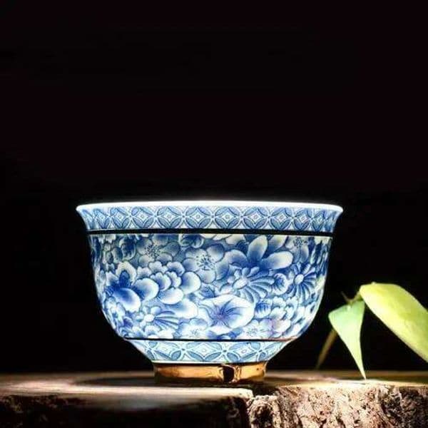 Blue White Porcelain - Vintage Ceramic Master Cup with Gold Trim, Chinese Kungfu Set, Small Tea Bowl 25L1219