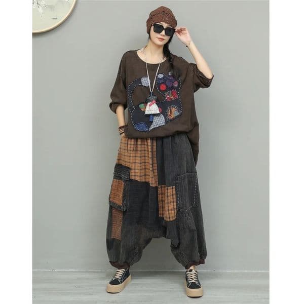 Youthful Stylish Patchwork Tassel MidLength TShirt Color Block WideLeg Pants TwoPiece Set Women Loose Outfit Autumn Z2 251215BANJIA