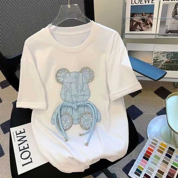 Womens Short Sleeve Round Neck T-Shirts Casual Cartoon Tees Oversized Baggy Tees Y2K Patchwork Tops Hot Drill Summer Fashion C251220