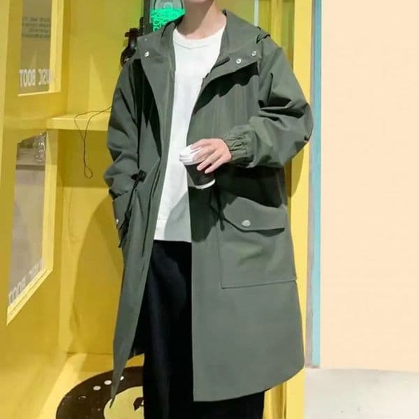 Long Trench Coat Jacket Men Autumn Spring Black Hip Hop Japanese Coats Streetwear Male Hooded Green Khaki Casual Jackets 251219