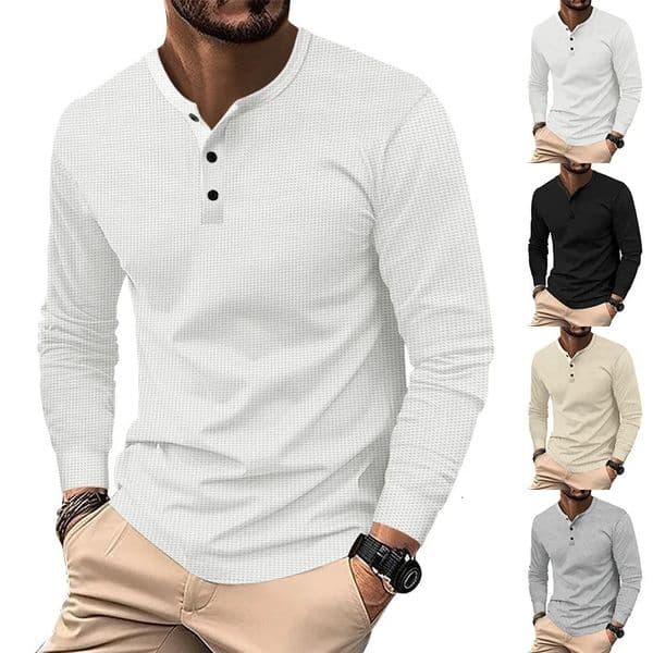Spring and Autumn Mens Waffle Henry Collar ButtonUp Long Sleeve TShirt Casual Top 251219