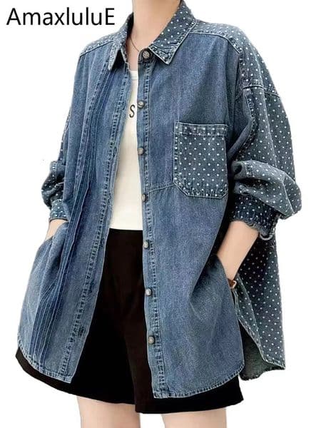 Amax luluE 2025 Korean Spring Ladies Fashion Dot Denim Shirts Leisure Vintage Loose Tops Oversized Printed Blouses 251211BANJIA