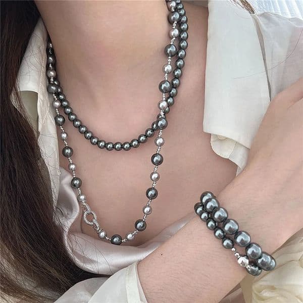 8-10mm Artificial Tahiti Gray Pearl Necklace For Office Women Choker Seawater Round Zircon Buckle Fold Wear Necklace Set Jewelry 251217