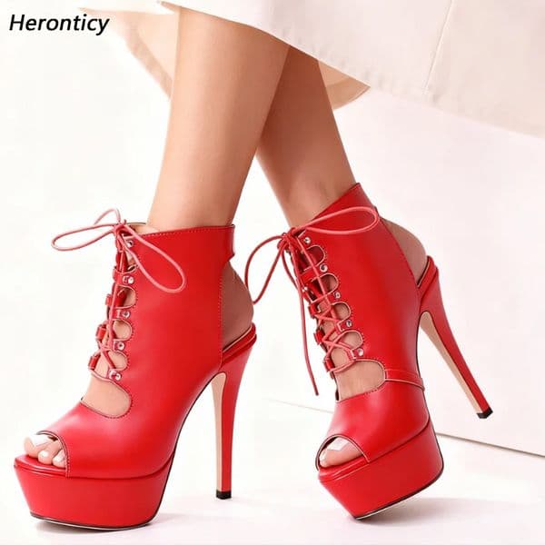 Heronticy Handcrafted Red Patent Leather Peep-Toe Ankle Boots with Platform Heels - Sexy Gothic Footwear Size 5-20