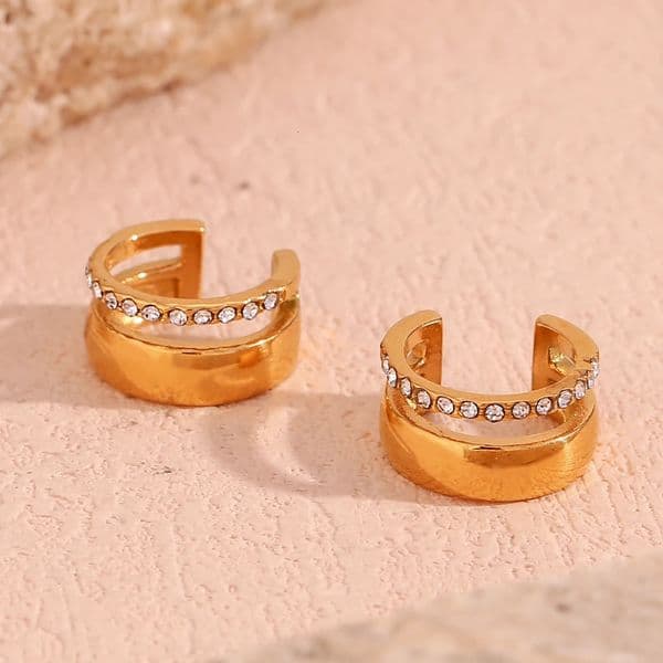Double Layered Rhinestone C-shaped Ear Clip Waterproof 316L Stainless Steel Earrings for Women 18K Gold Plated Ear Cuffs 251215