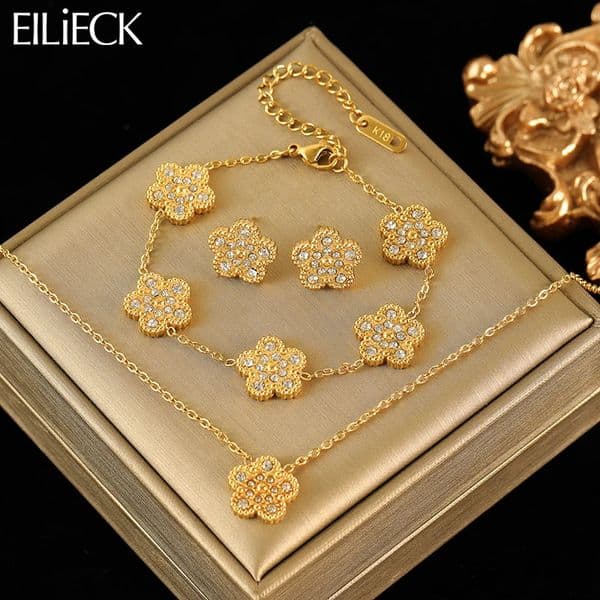 EILIECK Fashion Stainless Steel White Zircon Clover Necklace Bracelet Earrings Set For Women Trendy Flower Jewelry Set Gift 251218