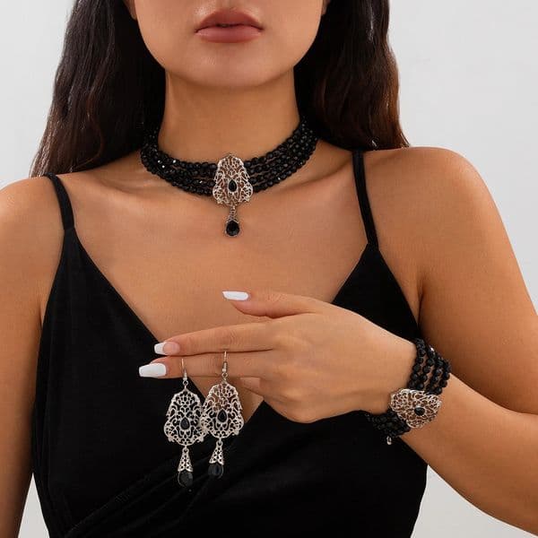 Ingemark Goth Multilayer Crystal Chain Necklace Bracelet Drop Earrings for Women Temperament Jewelry Set Halloween Accessories 251218