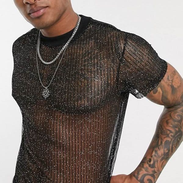 Stage Wear Sexy Men's T-Shirt Ultrathin Mesh Transparent Blouse Shiny Nightclub Tops Party Bottoming Shirt Hollow See Through Lingerie