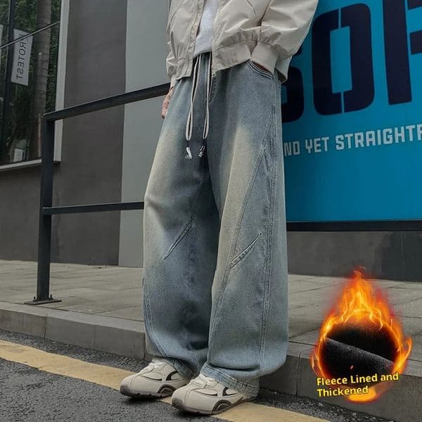 Mens Fleece-Lined Wide-Leg Jeans Winter Vintage Washed Elastic Drawstring Waist Denim Trousers Men 8XL Loose Fit Jean Pants 251211