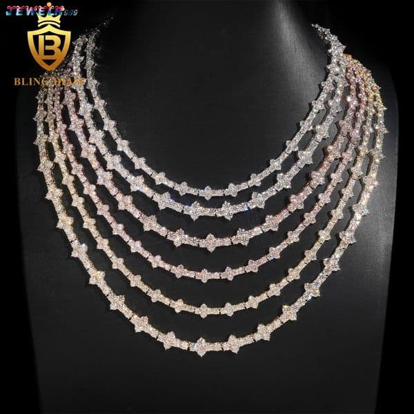 Hot Sale 3mm 4mm VVS Moissanite Tennis Chain Necklace Cross Shape 925 Sterling Silver Iced Out Fine Jewelry for Women