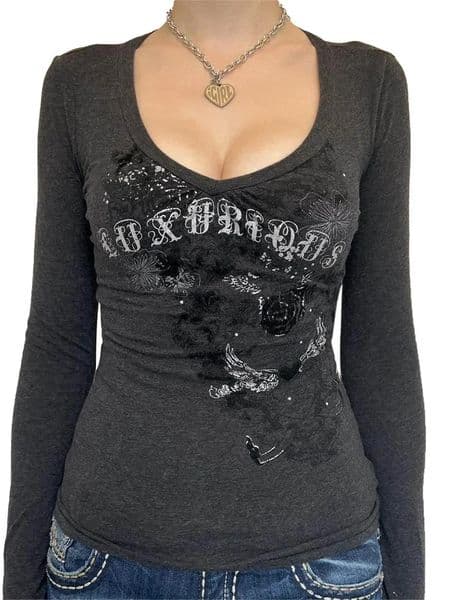 Women Long Sleeve Tshirt Graphic Gothic Print Punk Grunge Y2K Aesthetic Tee Tops Spring Fall Shirts 251222BJ