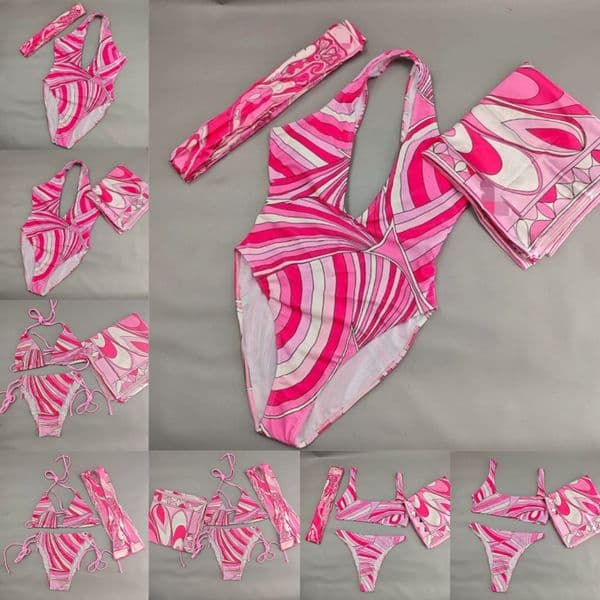 Luxury Pink Printed Bikini Designer Contrasting Striped Swimsuit With Scarf Monokini Summer Beach Surfing Diving Swimwear