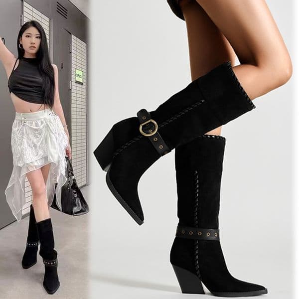 Chengdu Craftsmanship Retro Suede Western Boots 8cm Chunky Heel Pointed Toe Ankle Boots Brown Black