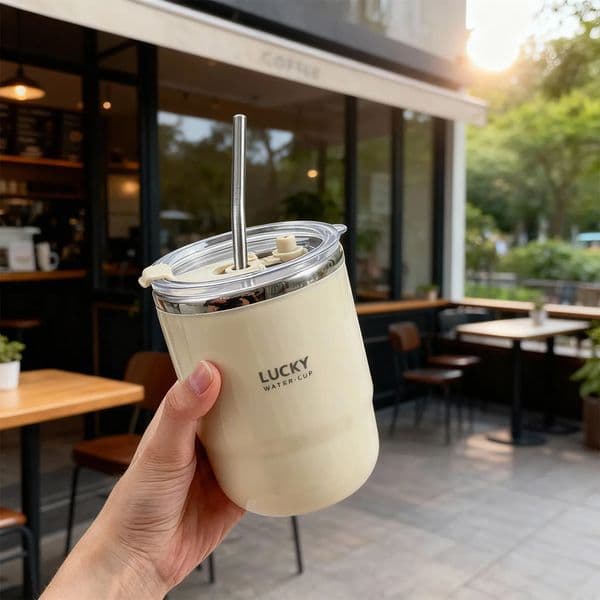 500ML Doublelayer Insulated Coffee Mug With Straw Cute Portable Leakproof 304 Stainless Steel Drinking Cup Kids Thermos 251222BJ