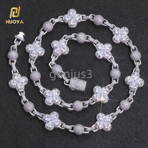 Mens Hip Hop Jewelry Gold Silver Plated moissanite Iced Out Diamond Four Leaf Clover Spherical Cuban Link Necklace