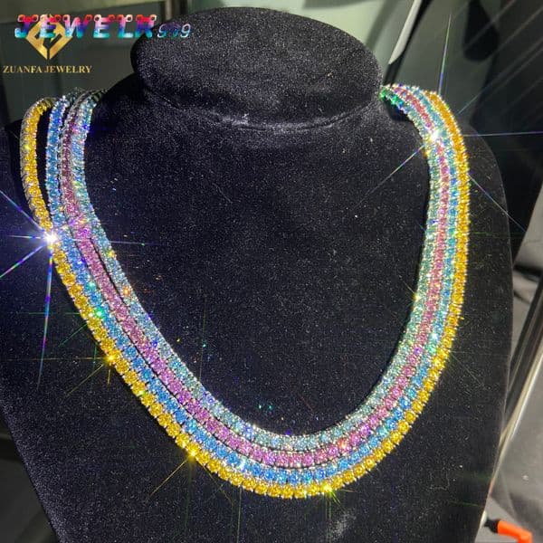 Hot Sale Colorful 4mm Moissanite Tennis Necklace Mens 925 Silver VVS Iced Out Moissanite Tennis Chain Pass Diamond Test with
