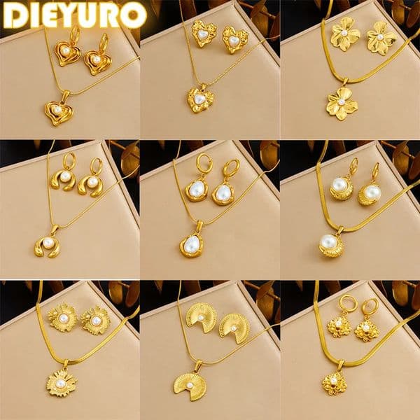 DIEYURO 316L Stainless Steel Golden Flower Heart Moon Pearl Necklace Earrings Set For Women Girl Trend Fashion Jewelry Suit 251218