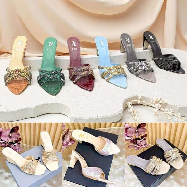 GINA rhinestone High heels pool slide Designer wed shoe Womens luxury slingback sandal Leather diamond stiletto heel sandale slipper dress wedge sport bridal shoes