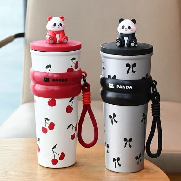 Large Capacity CupChildrens Day giftsCherry Panda Stainless Steel Vacuum Cup with Rope Handle Goodlooking Straw 251222
