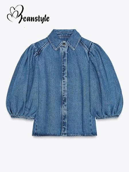 Fashion Denim Women Short Shirt Lapel Half Puff Sleeve Pleated Turndown Collar Solid Female Top 2025 Autumn Lady Shirts 251211BANJIA