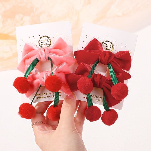 2Pcs/set Toddler Vintage Velvet Bow Hair Clips Cute Cherry Girl Pompon Hairgrip Headwear Sweet Bowknot Hairpin Kids Hair Accessories K2008