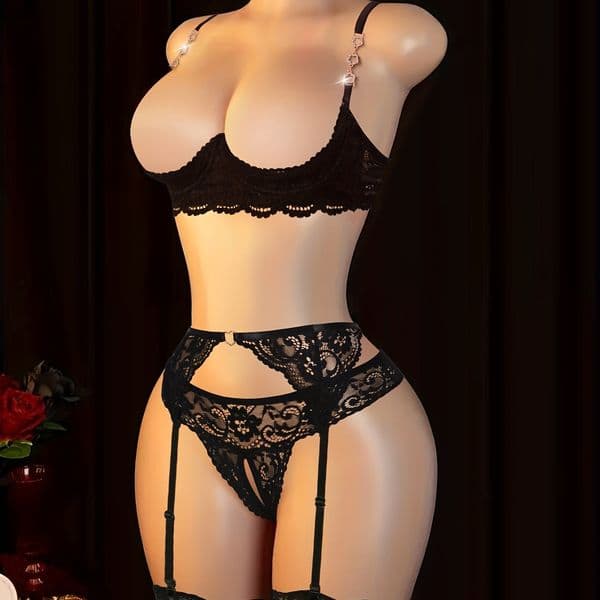 5pcs Women's Sexy Lingerie Lace Hollow Out Half-Cup Metal Chain Decorated Bra Garter Belt Thong Over-the-Knee Stockings Choker Set