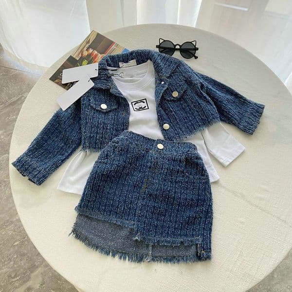 2026 New New Designer Clothes Children's Clothing Denim Suit Girls Raw Edge Long Sleeve Short Jacket T Shirt Split Midi Skirts Autumn Small Fragrance Style 3-Pi