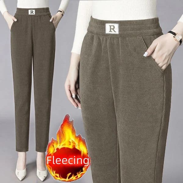 Plus Size Elastic Waist Warm Fleecing Pants For Women Elegant Casual Retro Basic Trousers OL Loose Pocket Slim Straight Leg Pant 251223