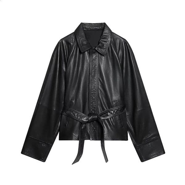 Womens Faux Leather Jacket Coats Fashion With Belt Turndown Collar Long Sleeve Autumn Winter Female Outerwear Chic Tops 251223