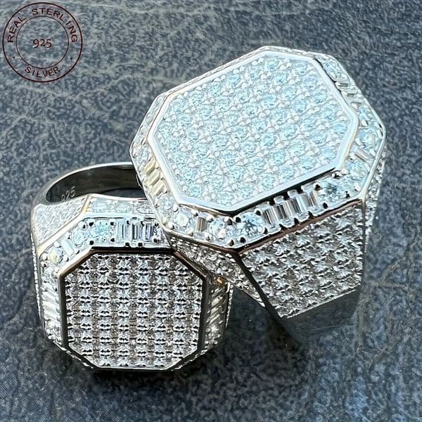 2025 Trendy Mens Iced Out Zircon Octagon Hip Hop Cluster Pinky Ring Solid 925 Sterling Silver Wedding Band Ring Jewelry 251217