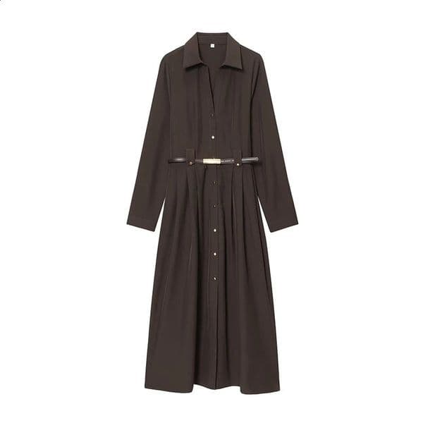 Womens Long Dress Fashion Belt Shirt Style Midi Dresses Vintage Female Elegant Party 251223BANJIA