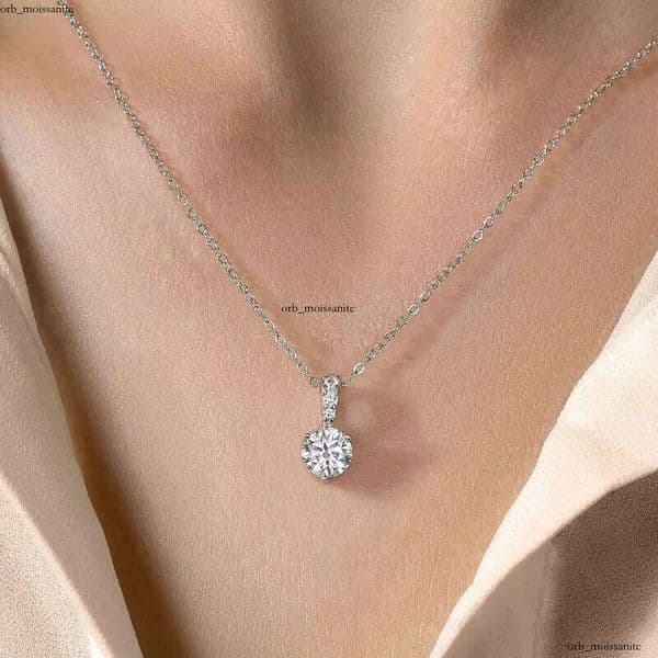 Stylever Real 925 1 CT Round Carbon Silicon Stone Pendant Necklace Female Sterling Sier Engagement Jewelry Gift