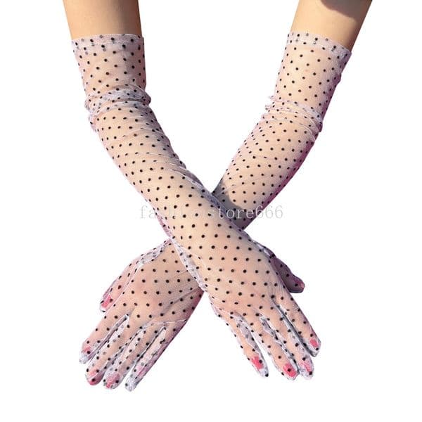 Women Sexy Black White Dot Lace Long Tulle Gloves Bride Wedding Elegant Retro Fashion Transparent Full Finger Thin Mesh Gloves
