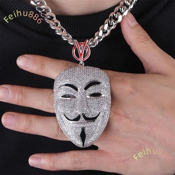 New Bling Jewelry Ins Hip Hop Iced Out Full Diamond Shine Large Silver v for Vendetta Mask Male Lead d color vvs moissanite avatar Pendant Necklace