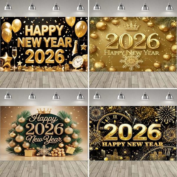 Happy Year 2026 Party Decoration Backdrop Year Champagne Clock Christmas Banner Year Party Supplies Po Background 251213BJ