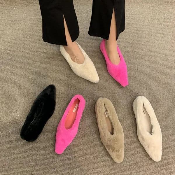 Pointed Toe Fur Ballet Flat Woman Shoes Winter Warm Plush Shallow Loafer Ladies Concise Furry Heeled Dress Shoes Zapatos Mujer251222