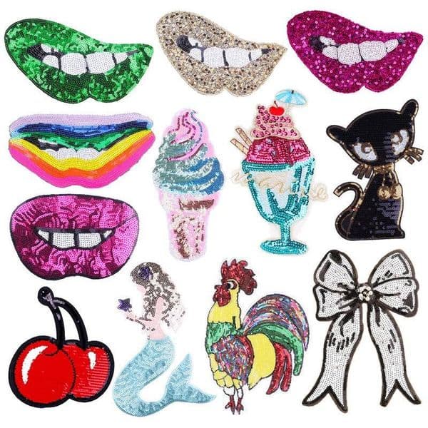 New Personality Big Sexy Lips Sequin Patch Iron On Patches Clothing Sticker Mermaid Rooster Cat Applique For Woman T-Shirt Badge