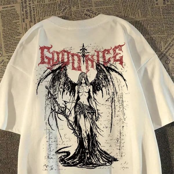 2025 Heavy Short-sleeved T-shirt American Retro Sword-wielding Angel Printed Short-sleeved Mens and Womens Loose Top 251223