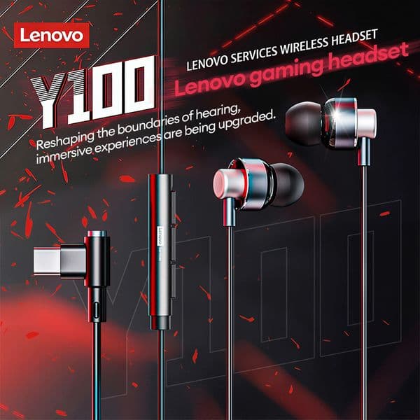 Lenovo Y100 Wired Earphones In-Ear Type-C Connection HD Call Noise Cancellation Music Headset Comfortable Fit for Gaming Earbuds 3.5mm In-Line Remote with Mic