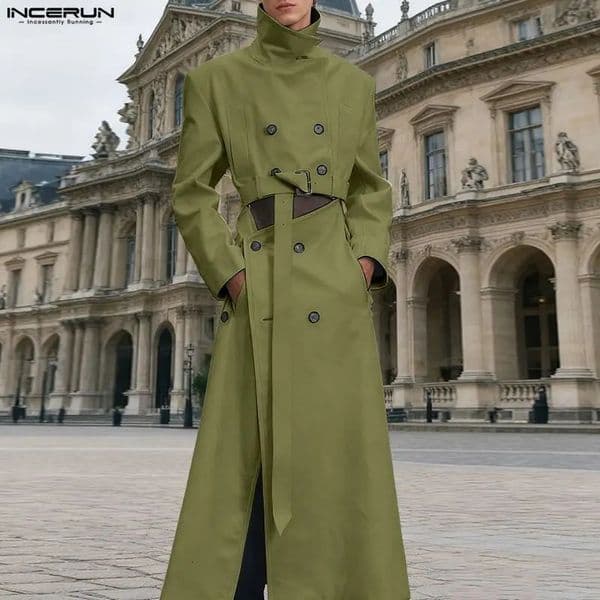 INCERUN Men Long Style Trench Solid Lapel Sleeve Double Breasted Male Coats Streetwear Loose Hollow Out Fashion Windbreaker 251225