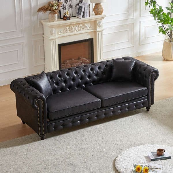 FX 85.5"Living Tech Fabric Chesterfield Rolled Arms 3 Seater Sofa with Button Design and 2 Cushions for Apartment, Office, Living Room 2004