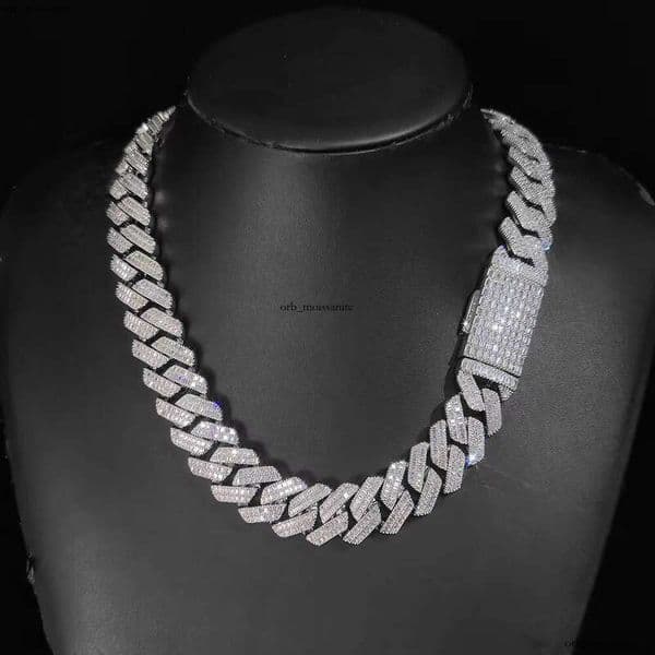 New 20mm Baguette VVS Moissanite Fork Necklace White Gold Iced Out Hip Hop Jewelry Cuban Chain