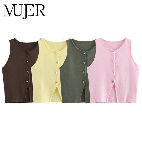 MUJER Pink Knit Sleeveless Vest Women Cropped Sweater Vest Top Women Yellow Button Vests Women Streetwear Waistcoat Knitwears 251225