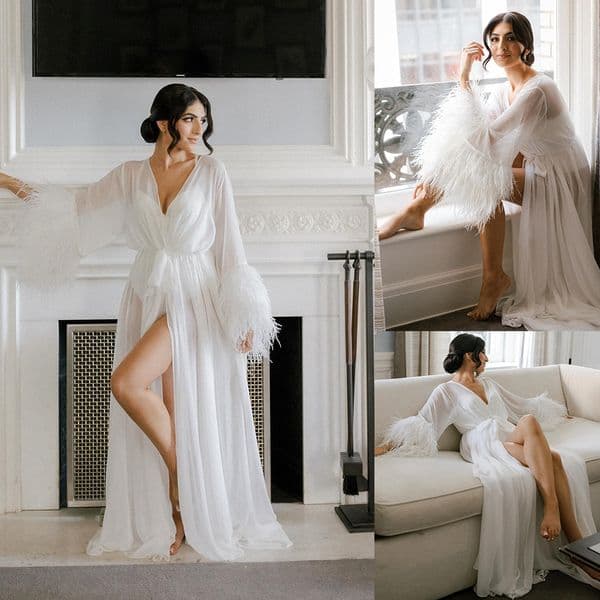 Elegant Women Robe Bridal Nightgown Long Feather Sleeve Bridesmaid Pajamas Dressing Shower Gown for Photography Custom Made